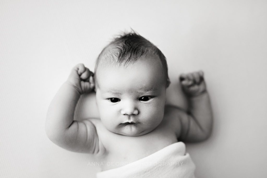 awake newborn baby black and white photo from Madison WI studio