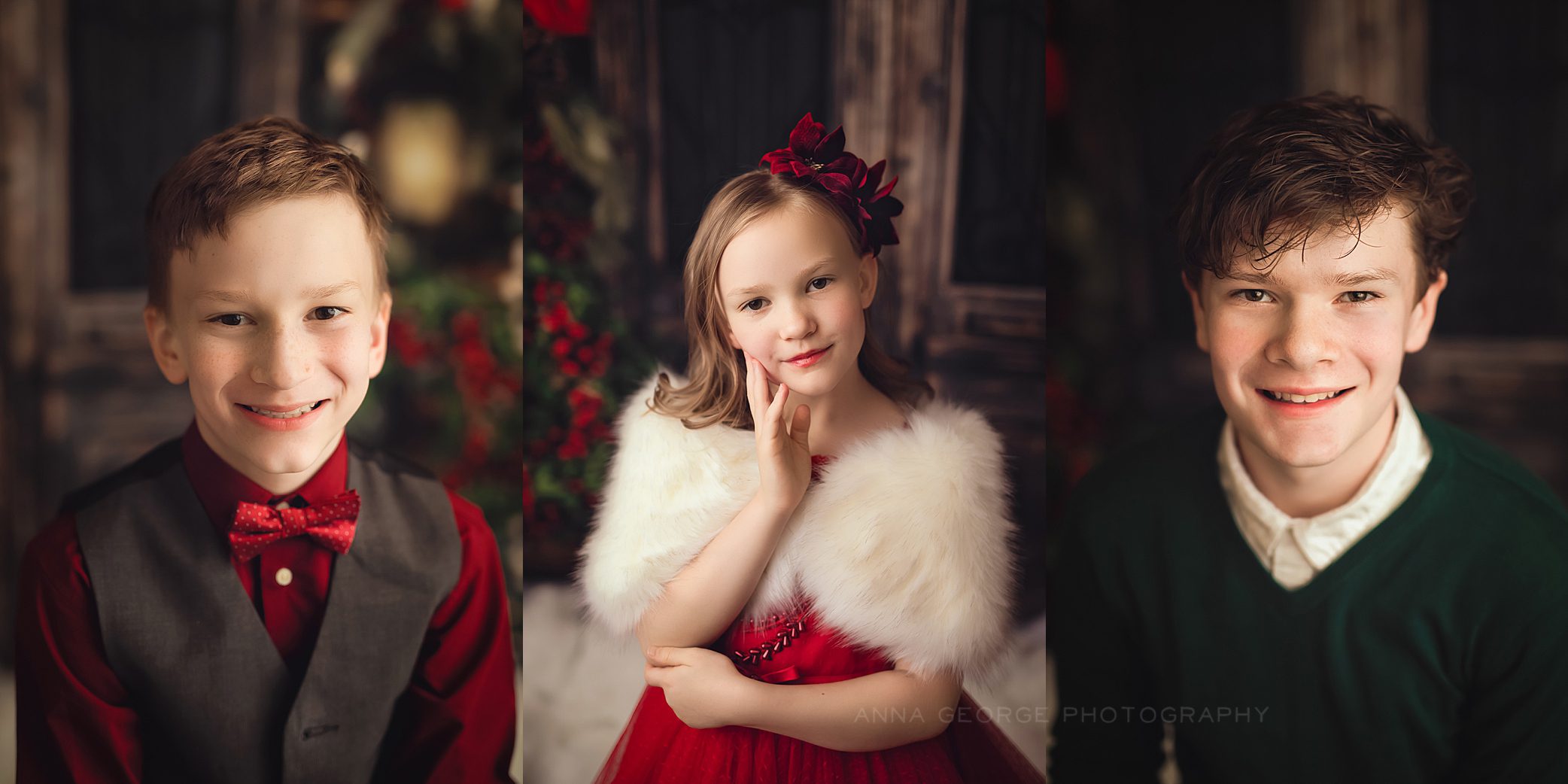 christmas pictures of three children on studio backdrop mini session