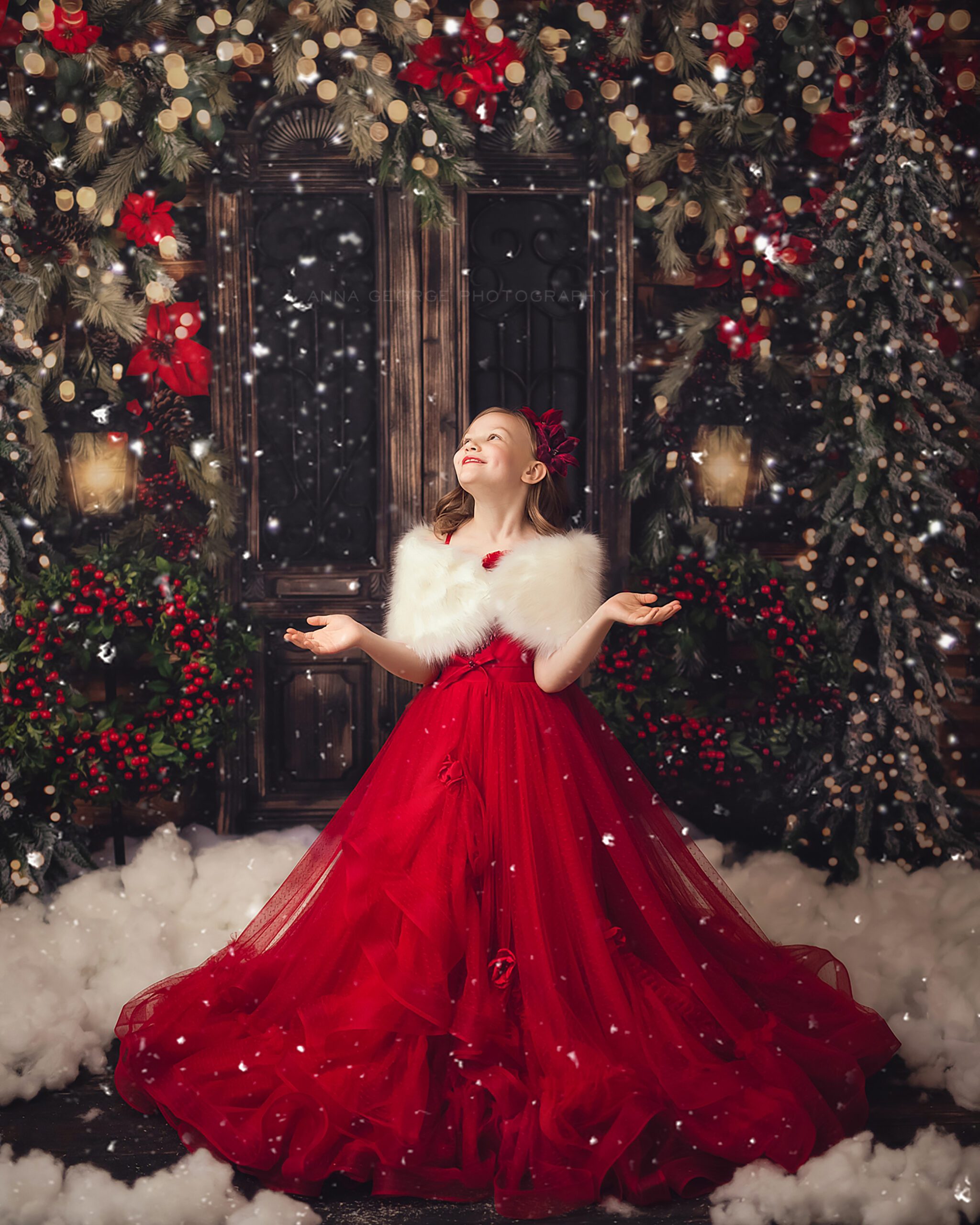 christmas snow photo session girl in red dress in madison wi studio