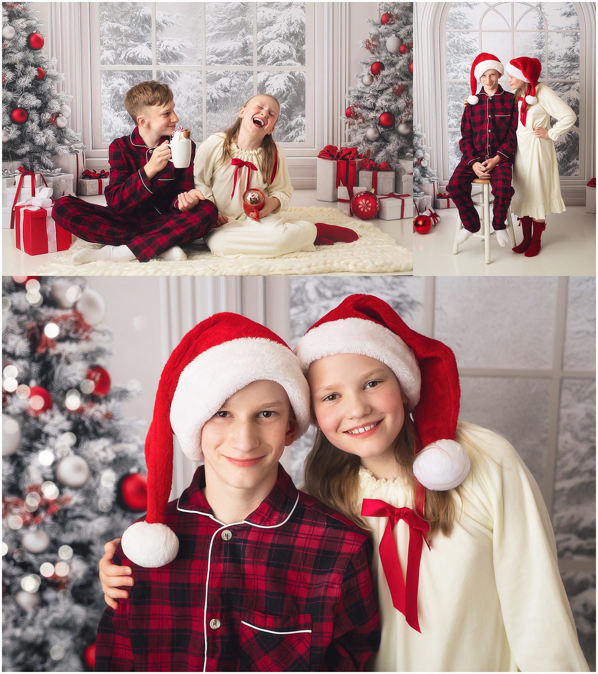 Madison WI holiday mini session example from Anna George Photography - two children with santa hats on white backdrop with decorated trees