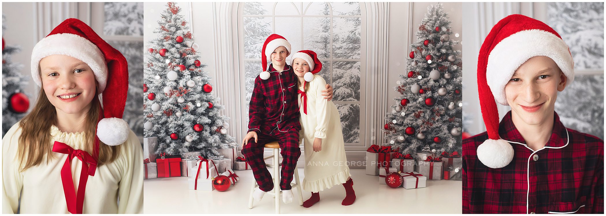 Madison WI christmas photos of children in santa hats on white backdrop