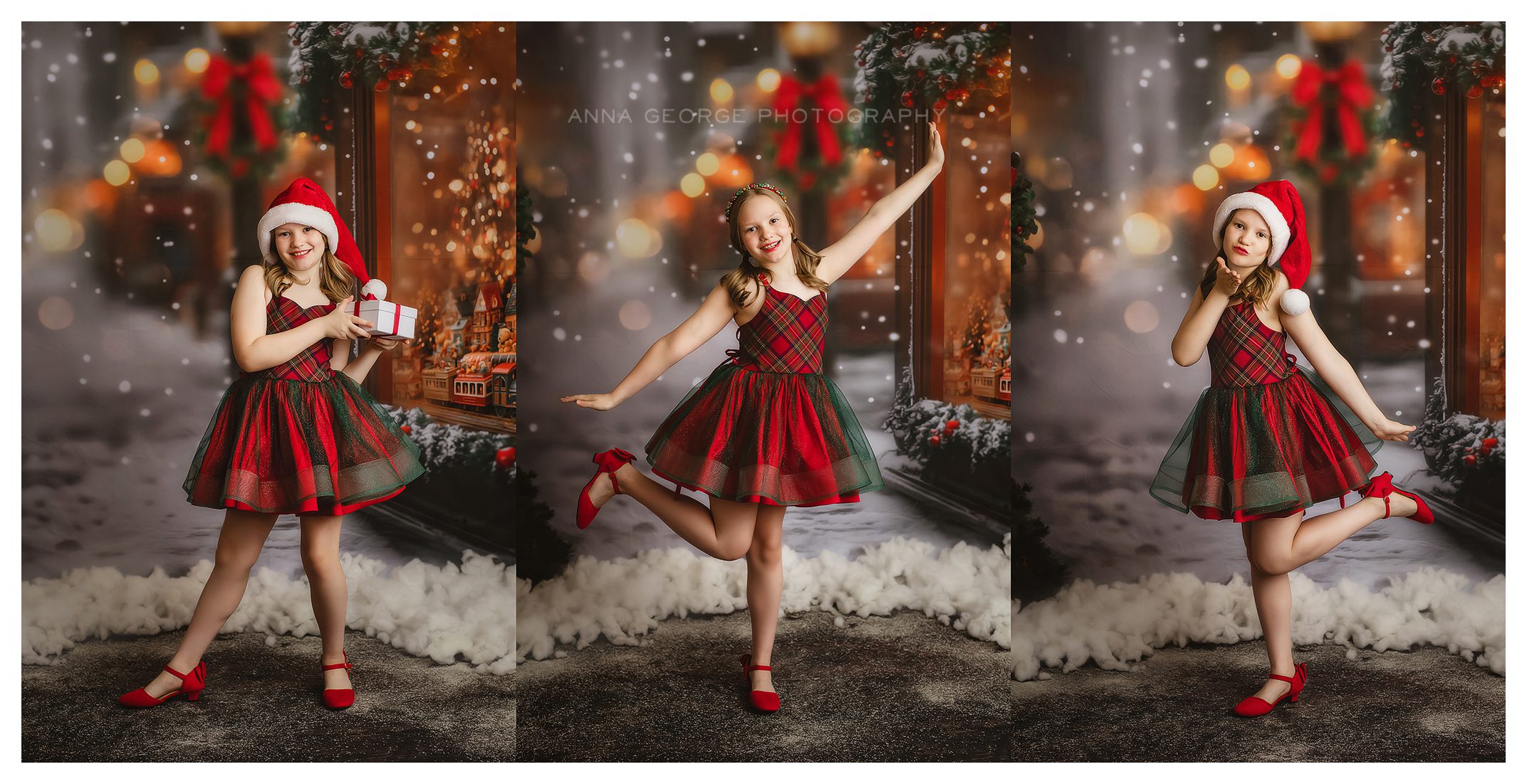 Madison WI christmas mini session example from Anna George Photography - girl in red and green plaid dress on snowy street backdrop