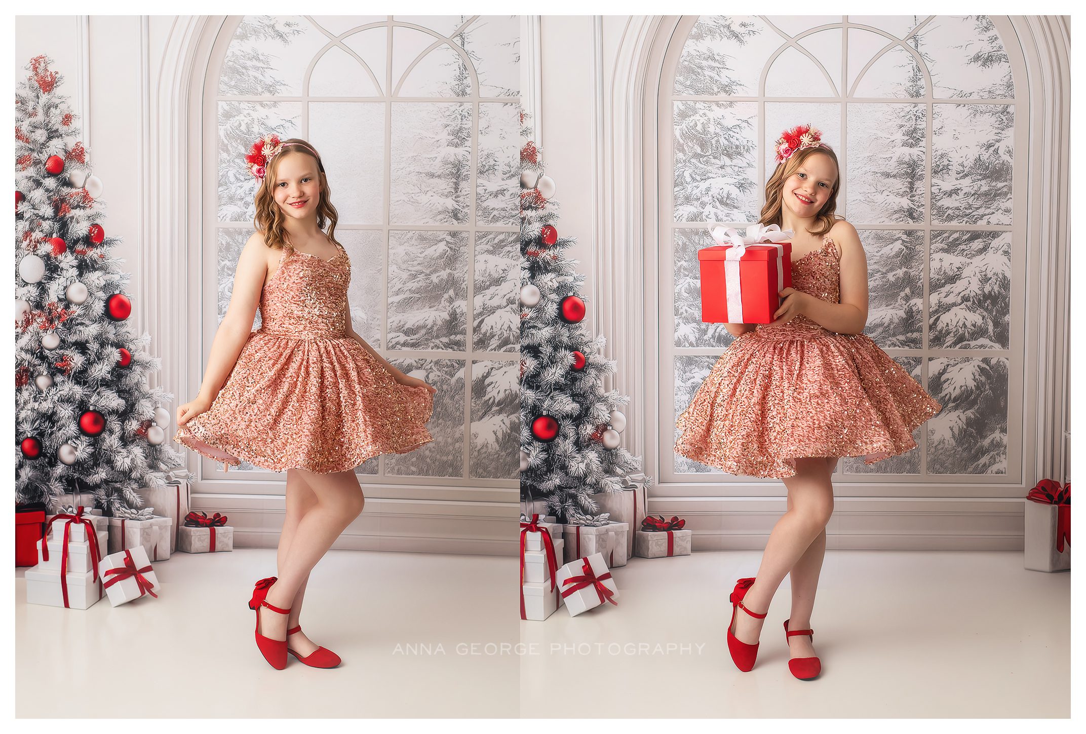 Madison WI holiday mini session example from Anna George Photography - girl in pink dress on white backdrop with decorated trees