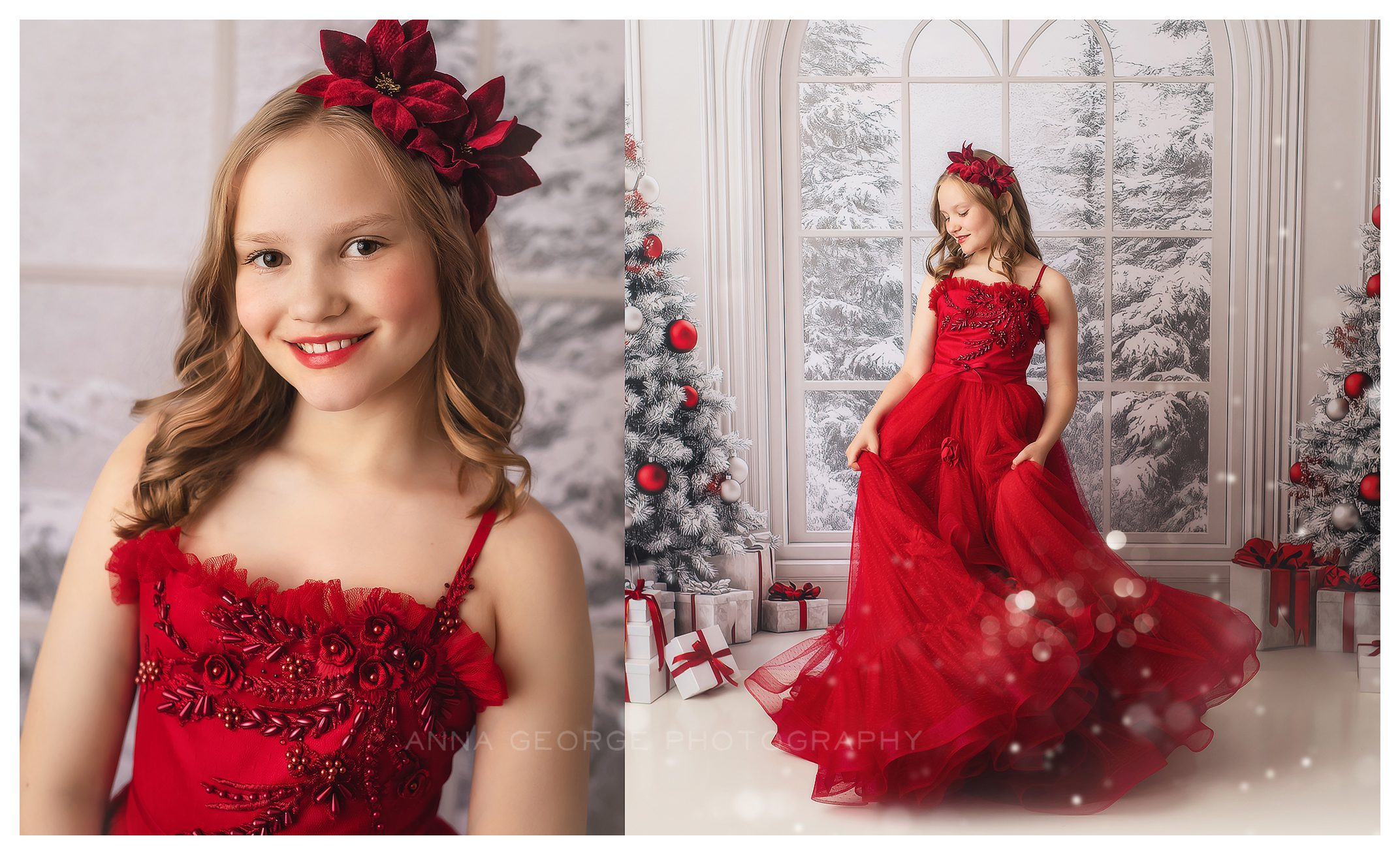 Madison WI holiday mini session example from Anna George Photography - girl in red dress on white backdrop with decorated trees and sparkles