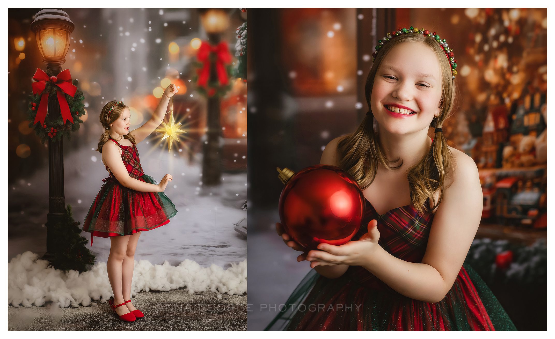 Madison WI holiday mini session example from Anna George Photography - girl in red and green dress on snowy street backdrop holding ornament