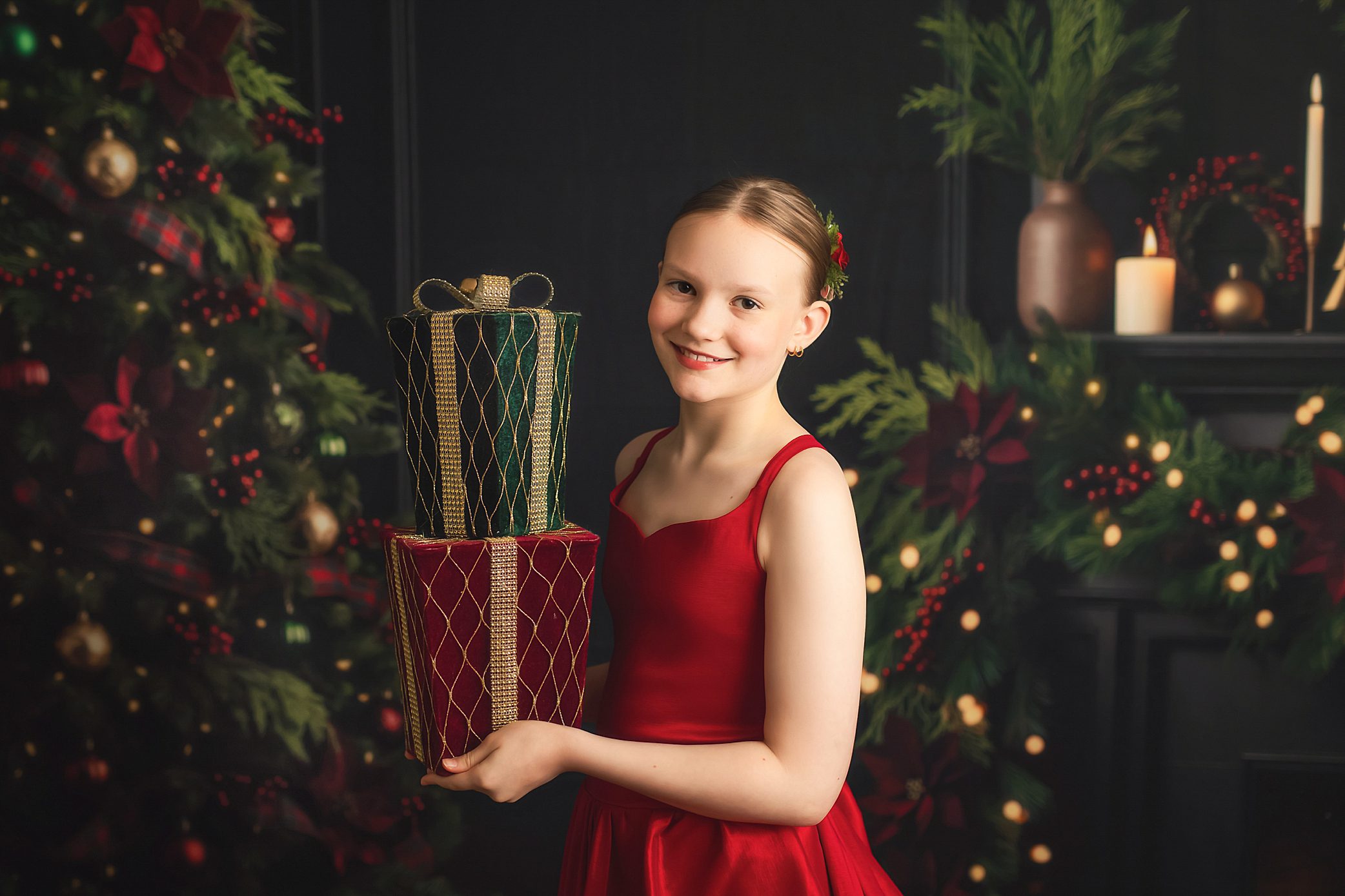 madison christmas photo sessions girl with presents and red dress