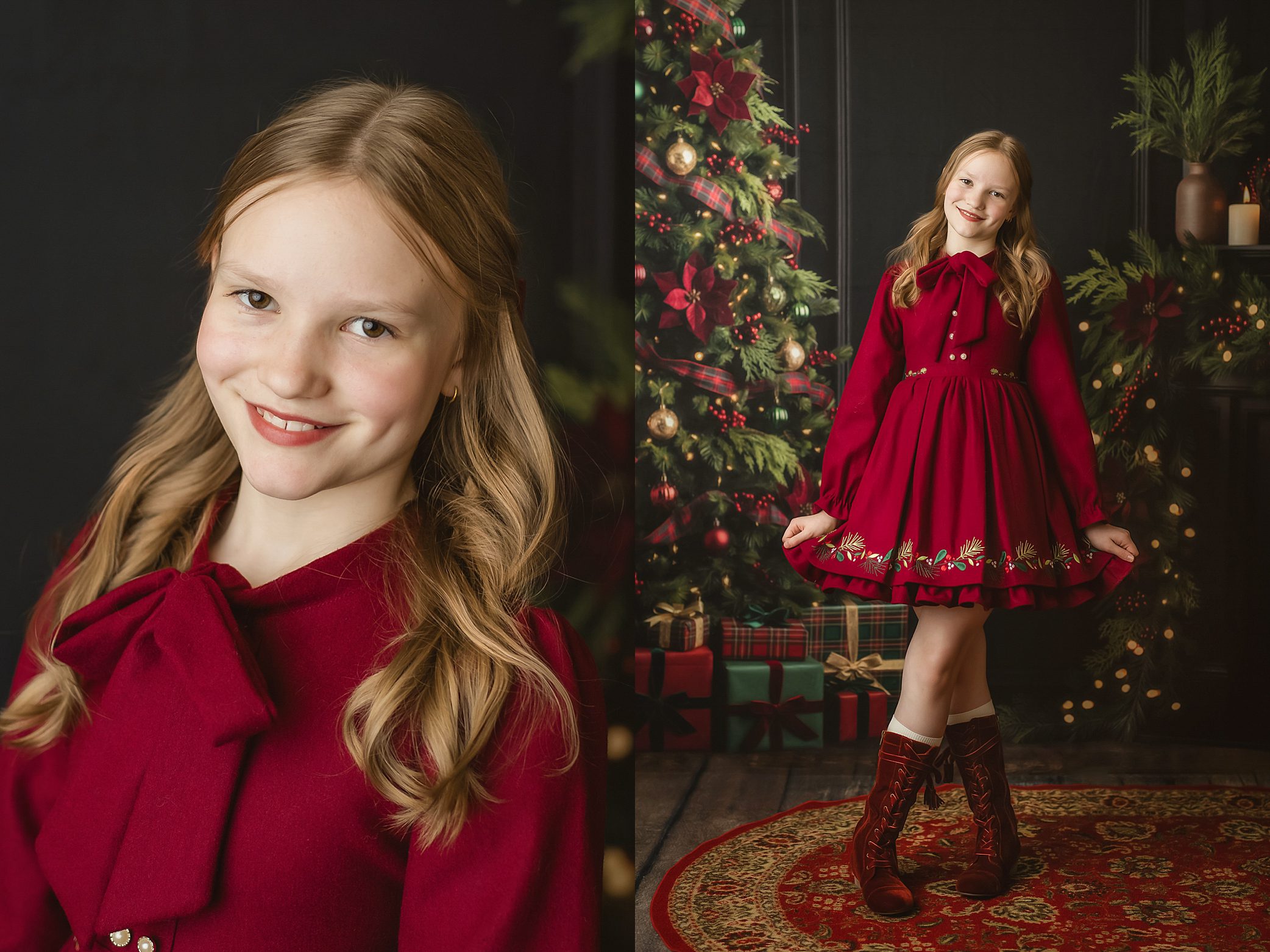 girl in vintage red dress christmas tree photo session