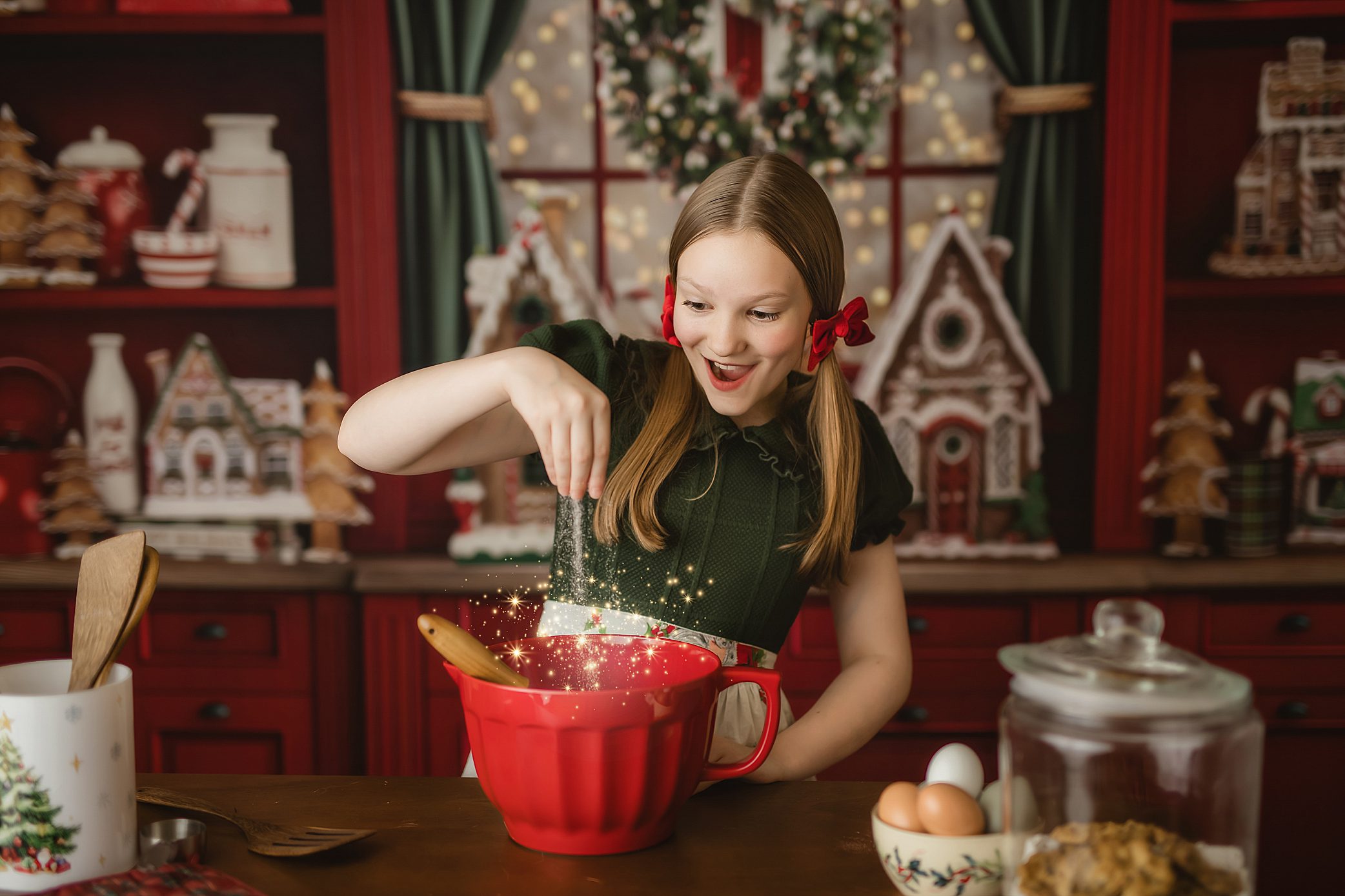 christmas photos in festive kitchen
